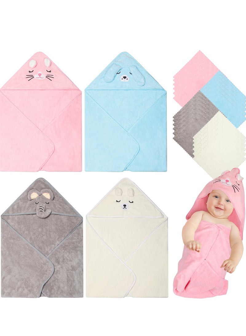 Baby Bath Towel,4 Pcs 31.5 x 31.5 Inch and Baby Washcloths Soft Microfiber Coral Fleece Absorbent Hooded Towel for Newborn Baby Infant Toddler Shower Gift Supplies - Image 1